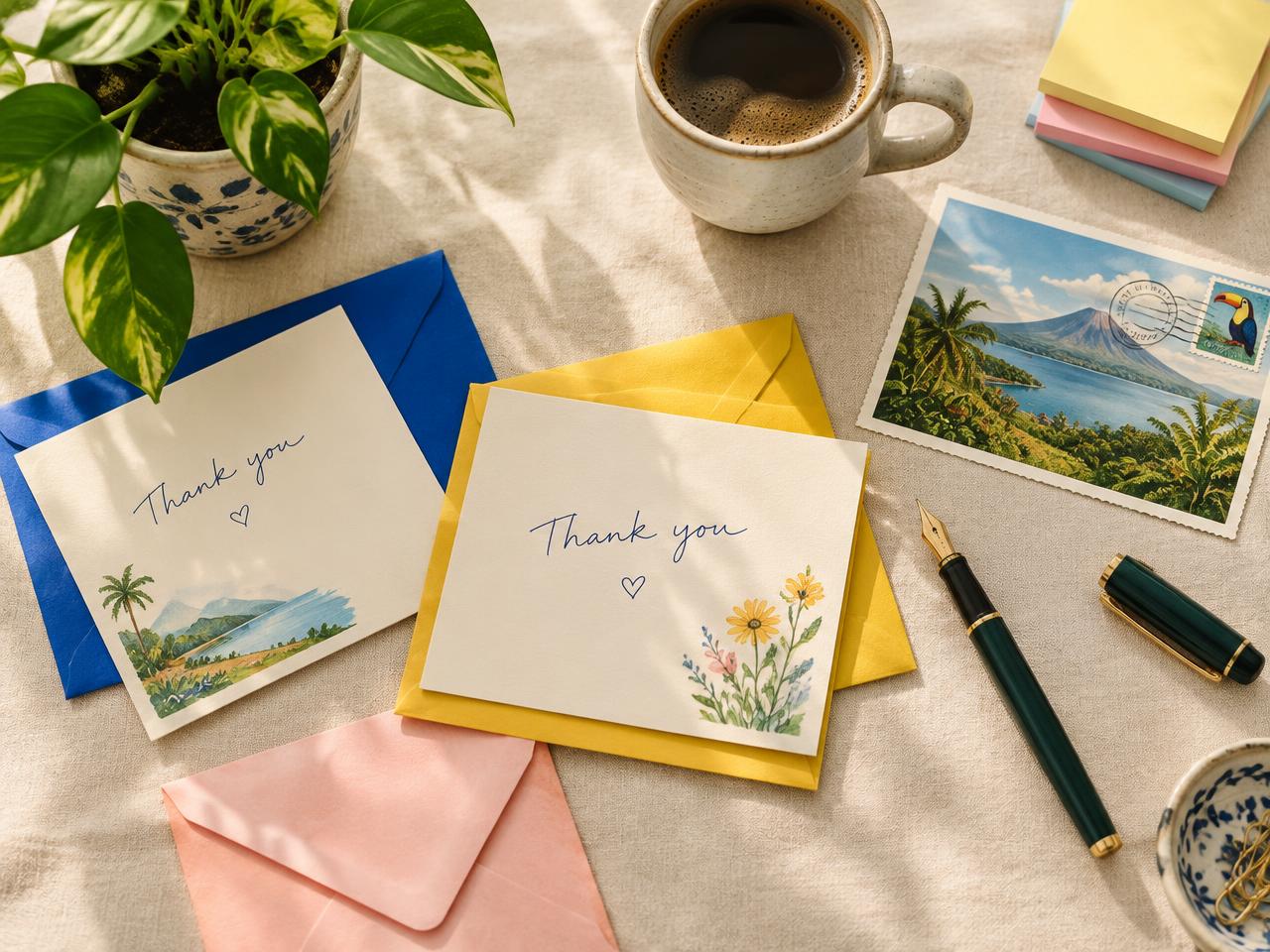 Escritorio con tarjetas de agradecimiento y sobres de colores